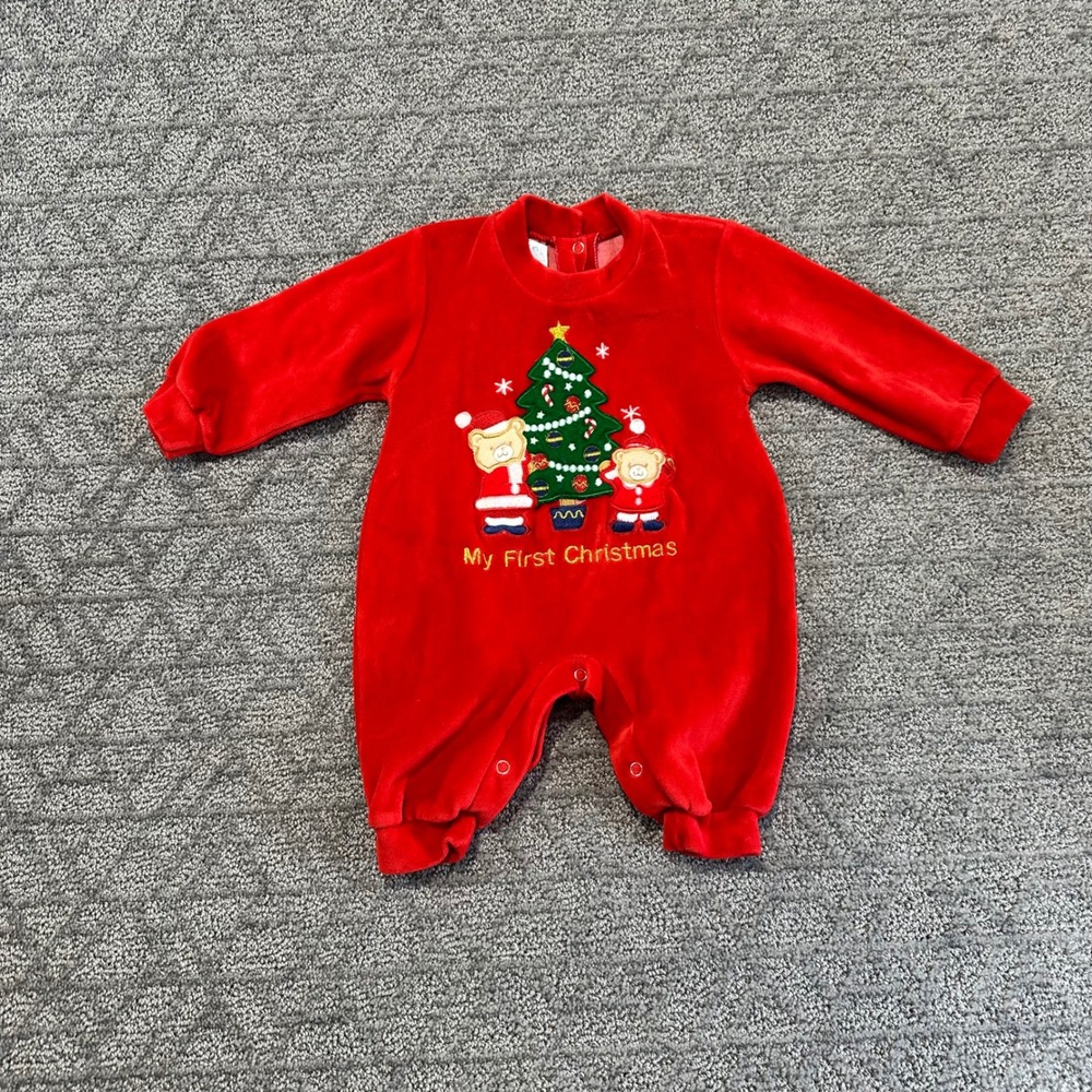 VTG Baby‎ Red Velvet Velour My First Christmas Bear Tree Holiday Pajamas Romper